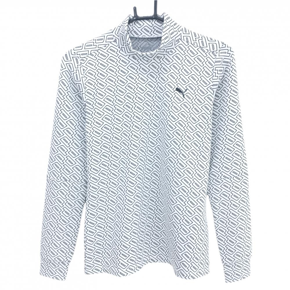 【美品】プーマ 長袖ハイネックシャツ 白×黒 ロゴ総柄  レディース M ゴルフウェア PUMA