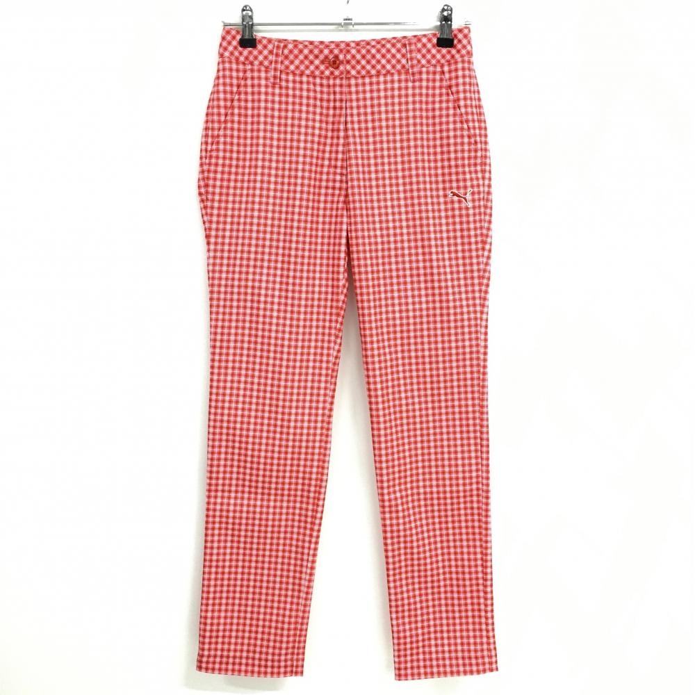 【超美品】プーマ パンツ ピンク×レッド チェック柄 ロゴ刺しゅう レディース M ゴルフウェア PUMA