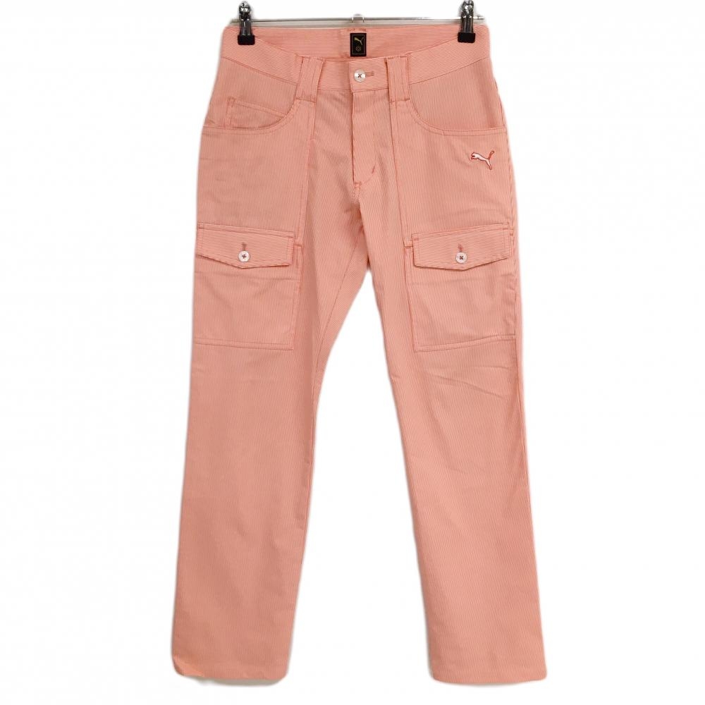 【美品】プーマ パンツ オレンジ×白 細ストライプ ポケット複数 ストレッチ レディース 73 ゴルフウェア PUMA