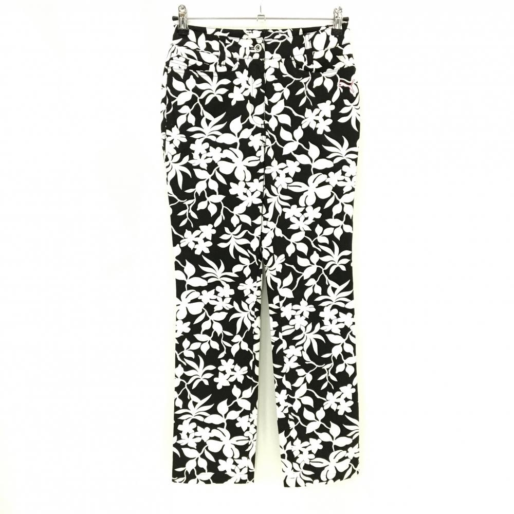 【美品】プーマ パンツ 黒×白 リーフ柄 ストレッチ ロゴ刺しゅう レディース 61/S ゴルフウェア PUMA