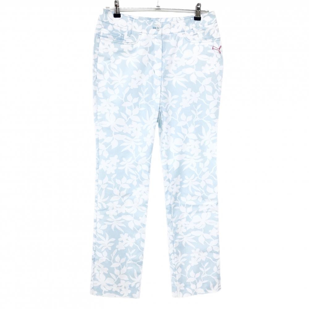 【美品】プーマ パンツ ライトブルー×白 総柄 花 リーフ ロゴ刺しゅう レディース O ゴルフウェア PUMA