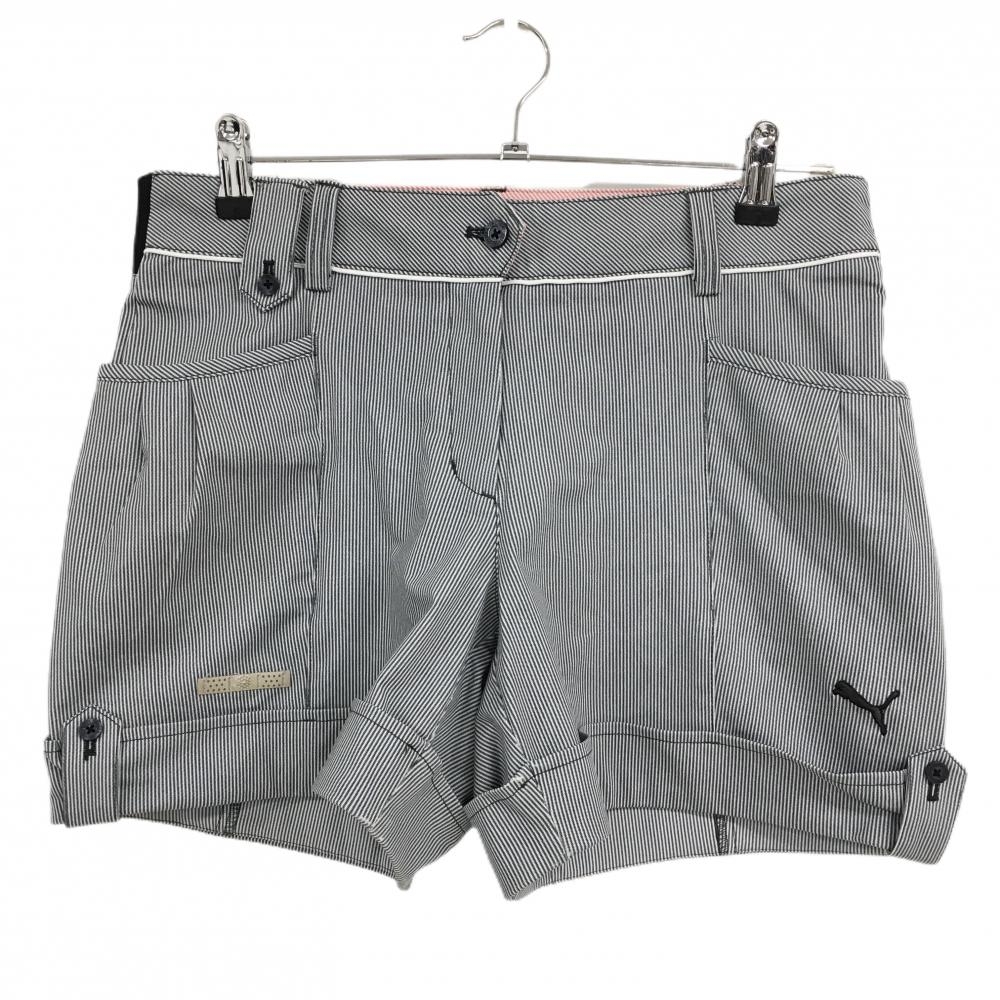 【美品】プーマ ショートパンツ 白×ネイビー ストライプ 裾ロゴ  レディース L ゴルフウェア PUMA
