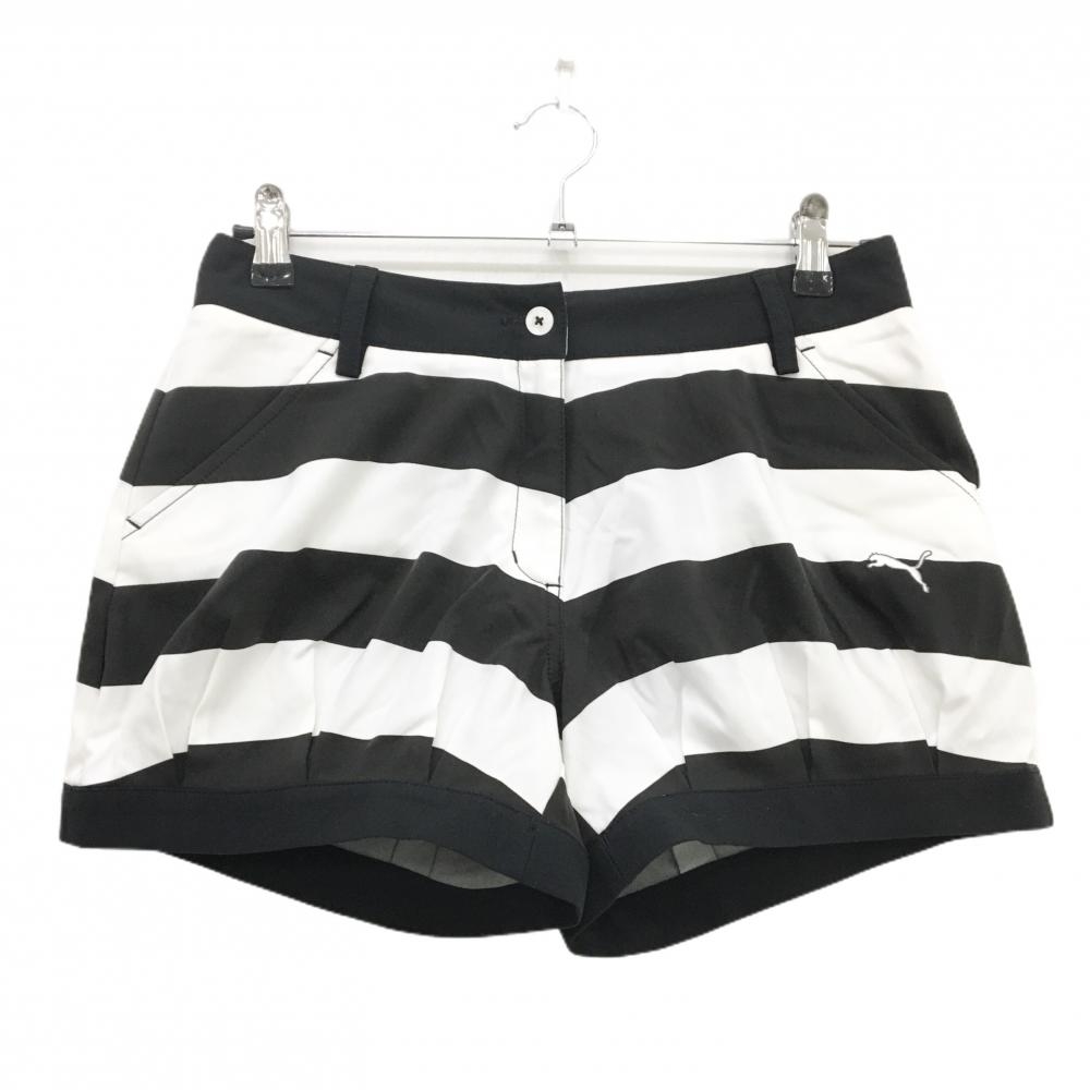 【超美品】プーマ ショートパンツ 黒×白 ボーダー ロゴ刺しゅう レディース L ゴルフウェア PUMA