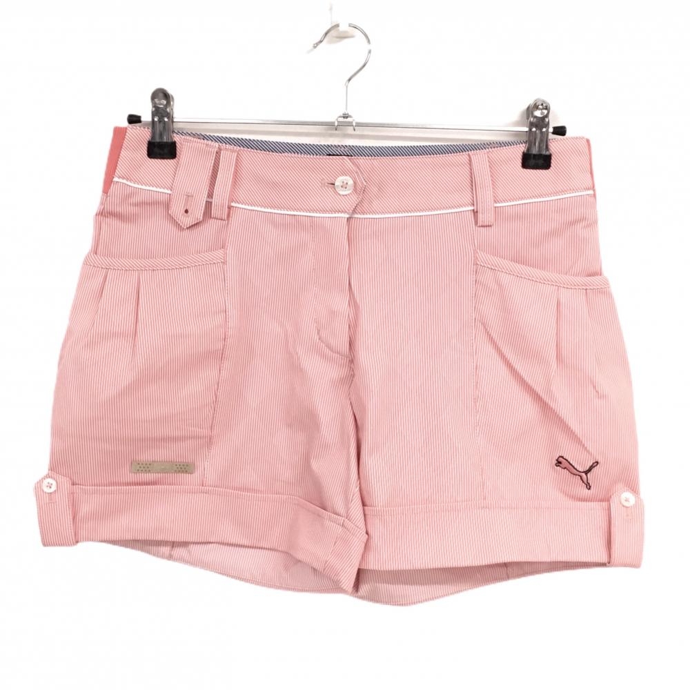 プーマ ショートパンツ サーモンピンク×白 ストライプ ロゴ刺しゅう  レディース M ゴルフウェア PUMA