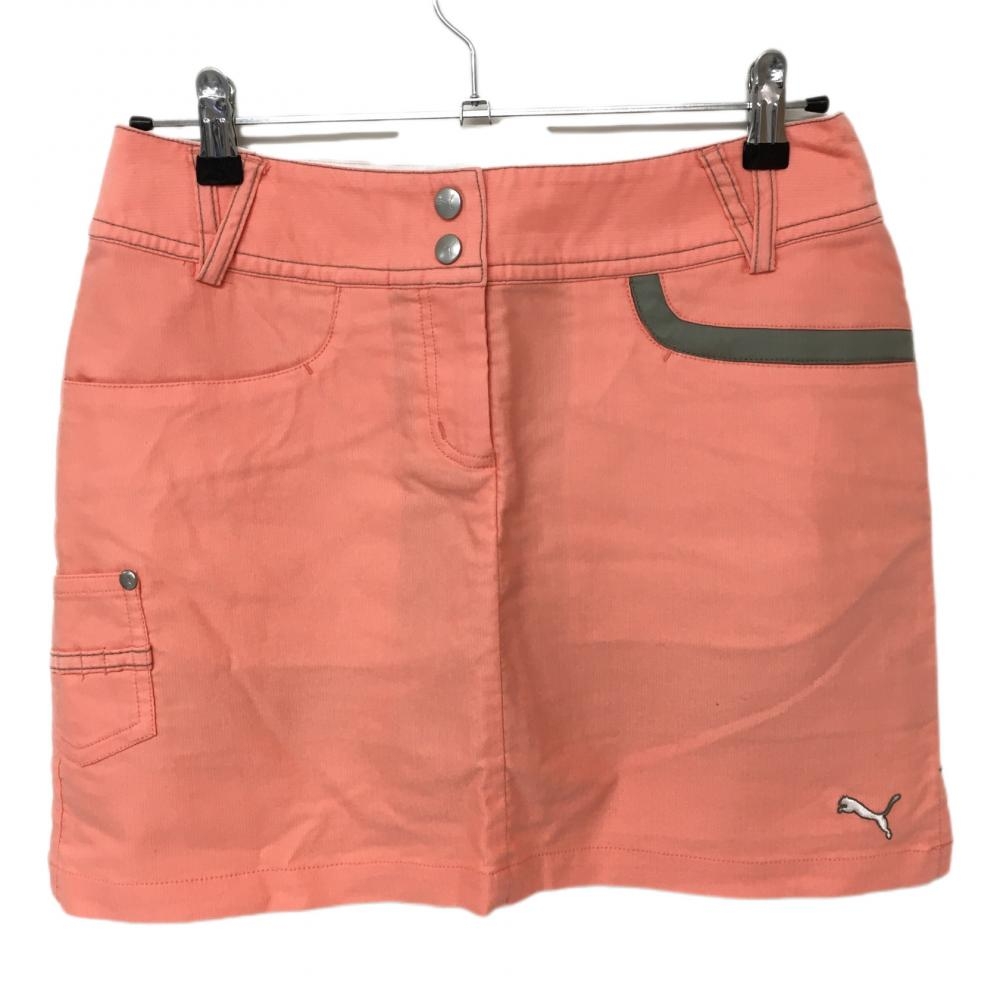 【美品】プーマ スカート ピンク×グレー ロゴ刺しゅう 内側インナーパンツ ティー装着可 レディース L ゴルフウェア PUMA