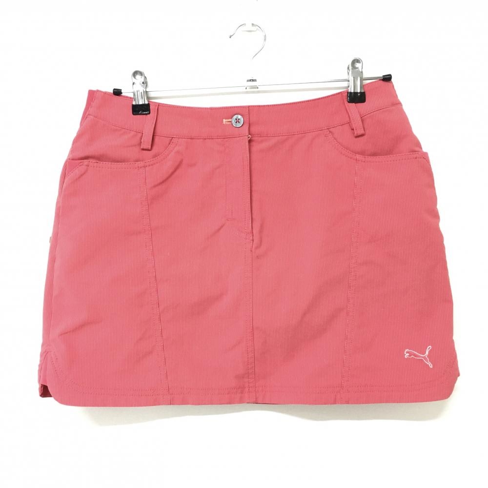 【美品】プーマ スカート ピンク ストライプ柄 ロゴ刺しゅう ティー装着可 内側インナーパンツ  レディース L ゴルフウェア PUMA