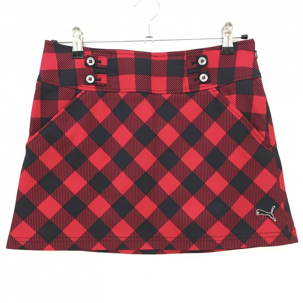 【超美品】プーマ スカート ピンクレッド×黒 格子チェック柄 ロゴ刺しゅう レディース M ゴルフウェア PUMA