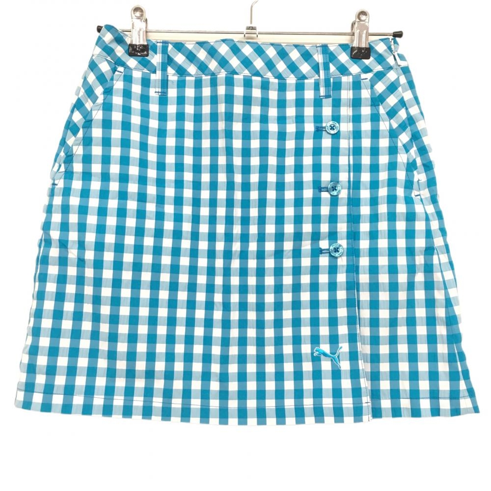【超美品】プーマ スカート ライトブルー×白 チェック サッカー生地風  レディース M ゴルフウェア PUMA