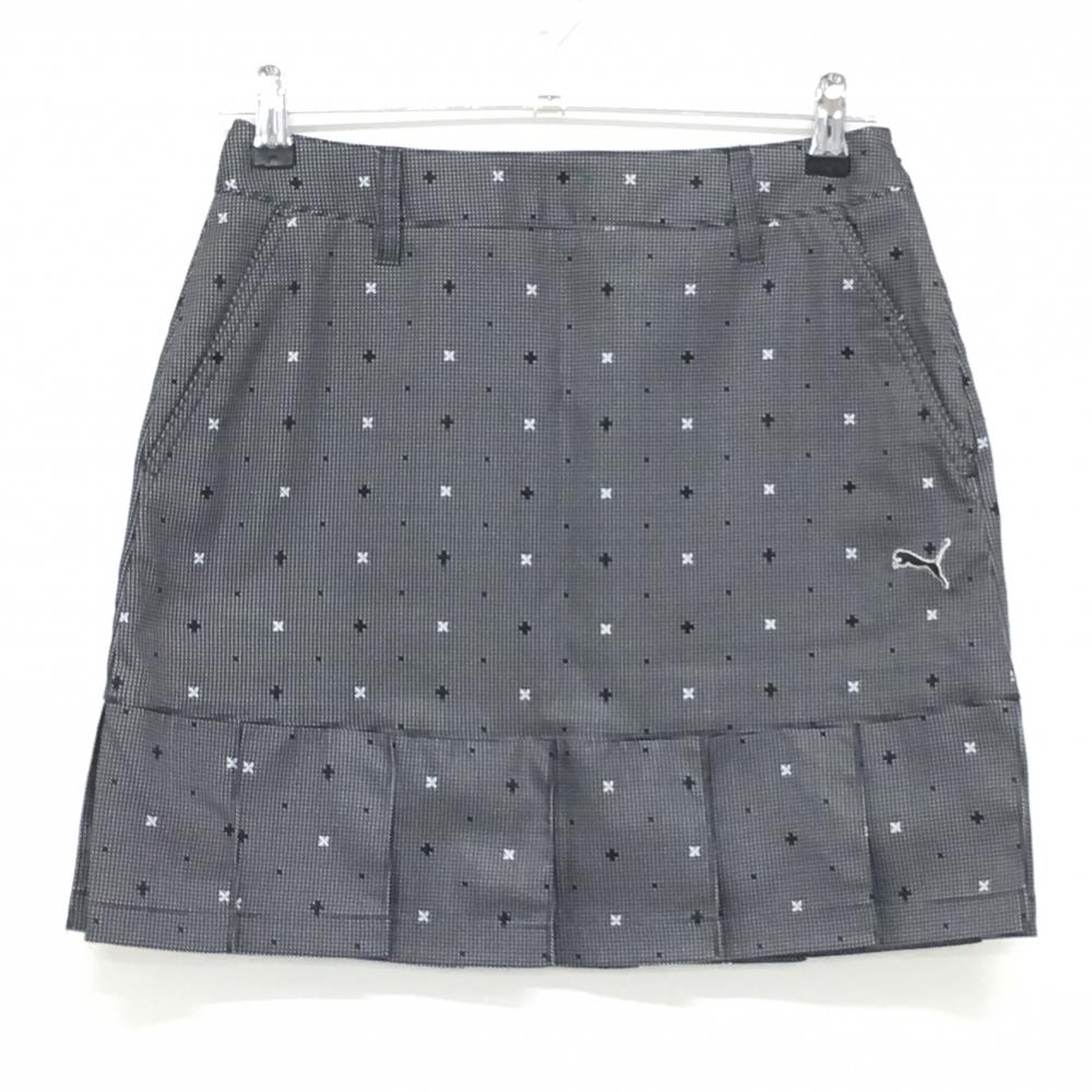 【超美品】プーマ スカート 黒×白 チェック 総柄 裾プリーツ ロゴ刺しゅう  レディース M ゴルフウェア PUMA