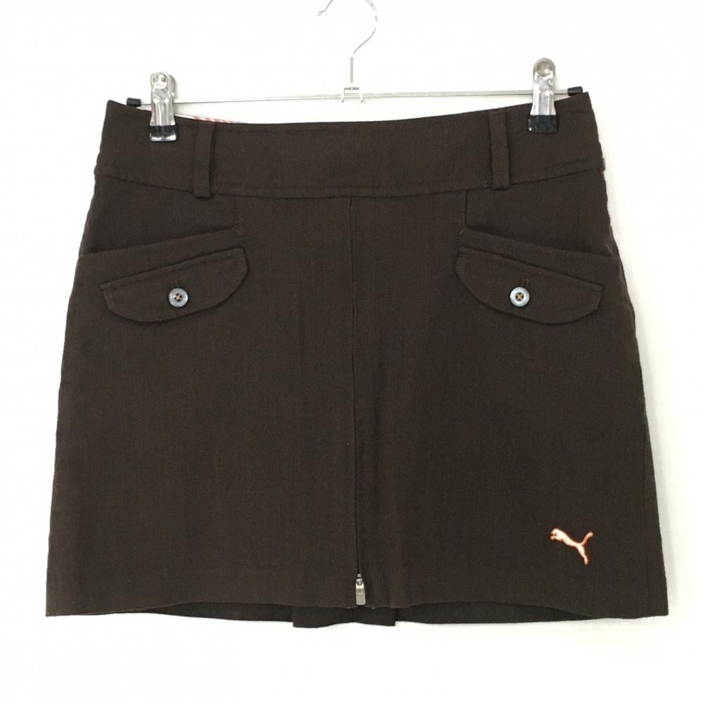 【美品】プーマ スカート ダークブラウン ヘリンボーン織生地 ロゴ刺しゅう 複数ポケット  レディース Ｍ ゴルフウェア PUMA