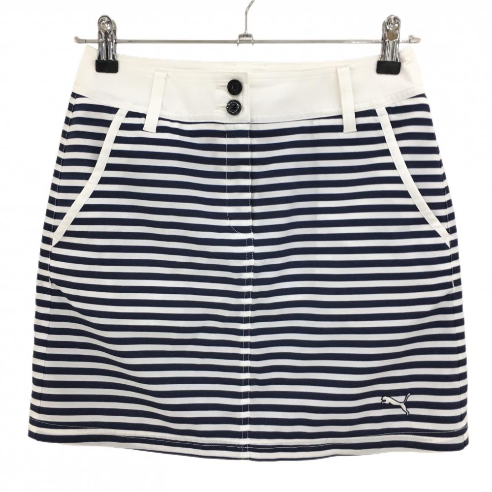 【超美品】プーマ スカート ネイビー×白 ボーダー ロゴ刺しゅう レディース S ゴルフウェア PUMA