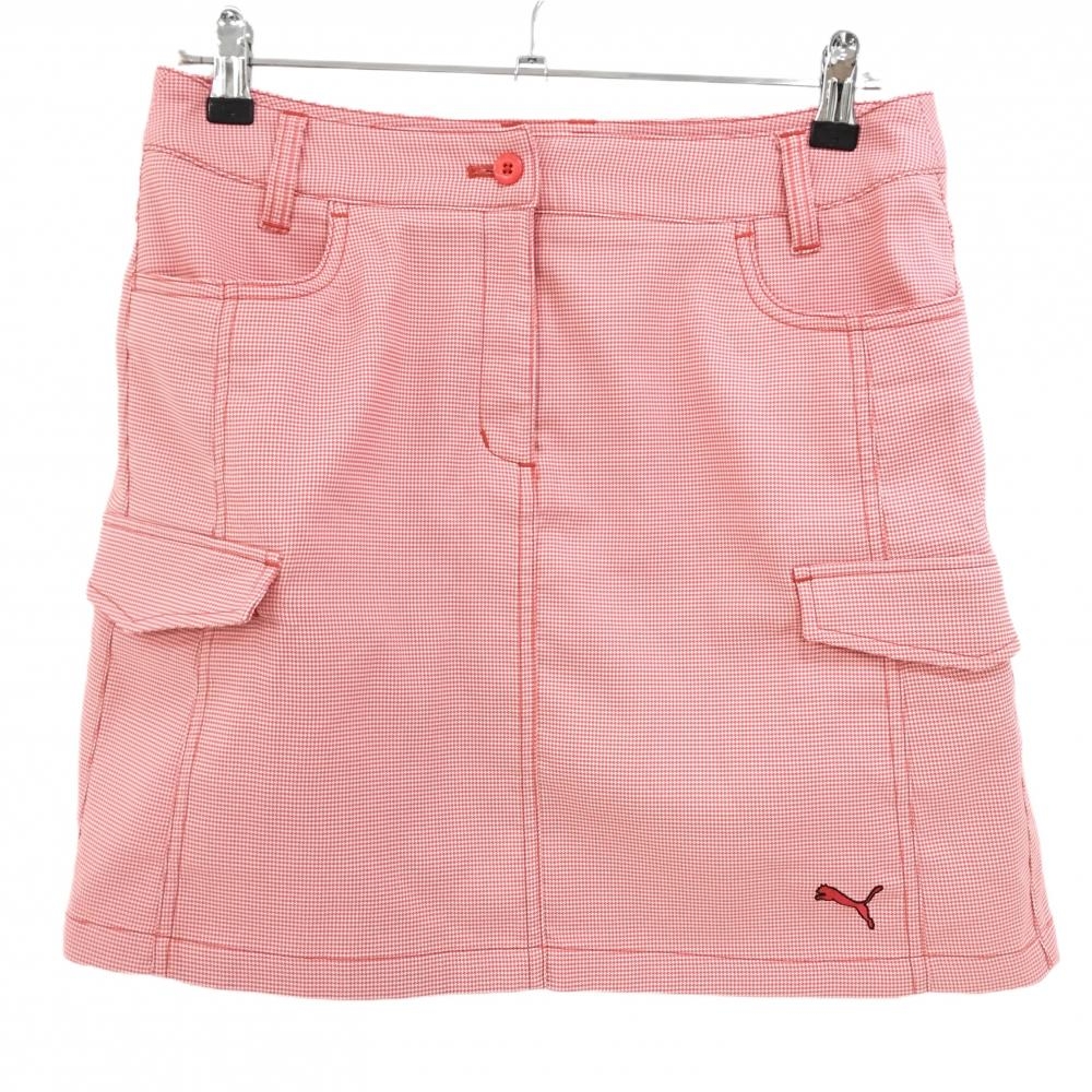 【超美品】プーマ スカート レッド×白 細千鳥格子 裏微起毛 複数ポケット レディース O ゴルフウェア PUMA