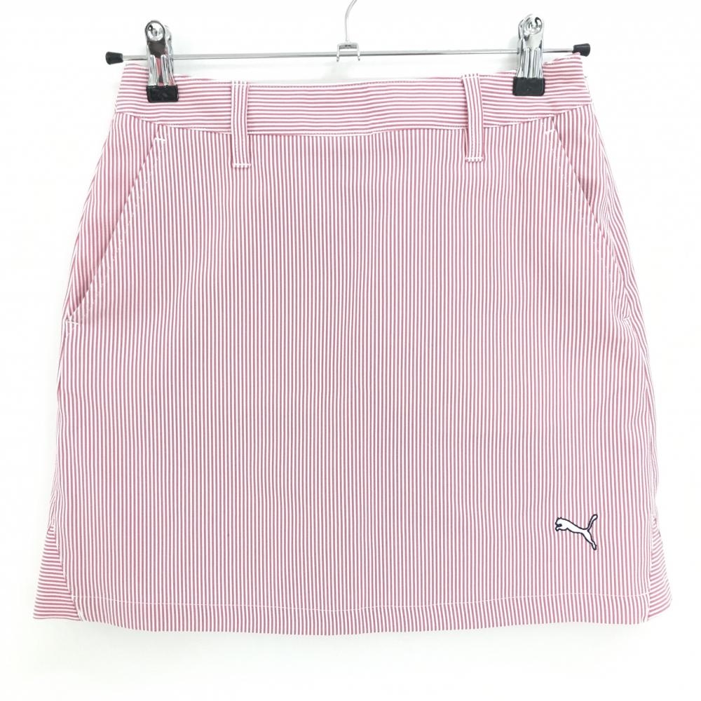 【超美品】プーマ スカート レッド×白 ストライプ ロゴ刺しゅう レディース S ゴルフウェア PUMA
