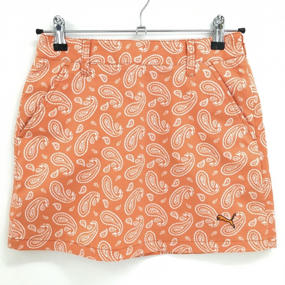 【超美品】プーマ スカート オレンジ×白 ペイズリー柄 ロゴ刺しゅう レディース S ゴルフウェア PUMA