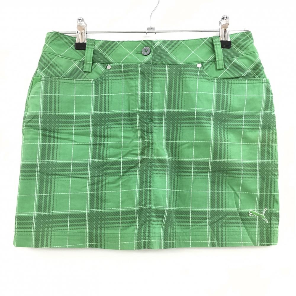 【美品】プーマ スカート グリーン×白 チェック ティー装着可 内側インナーパンツ レディース M ゴルフウェア PUMA