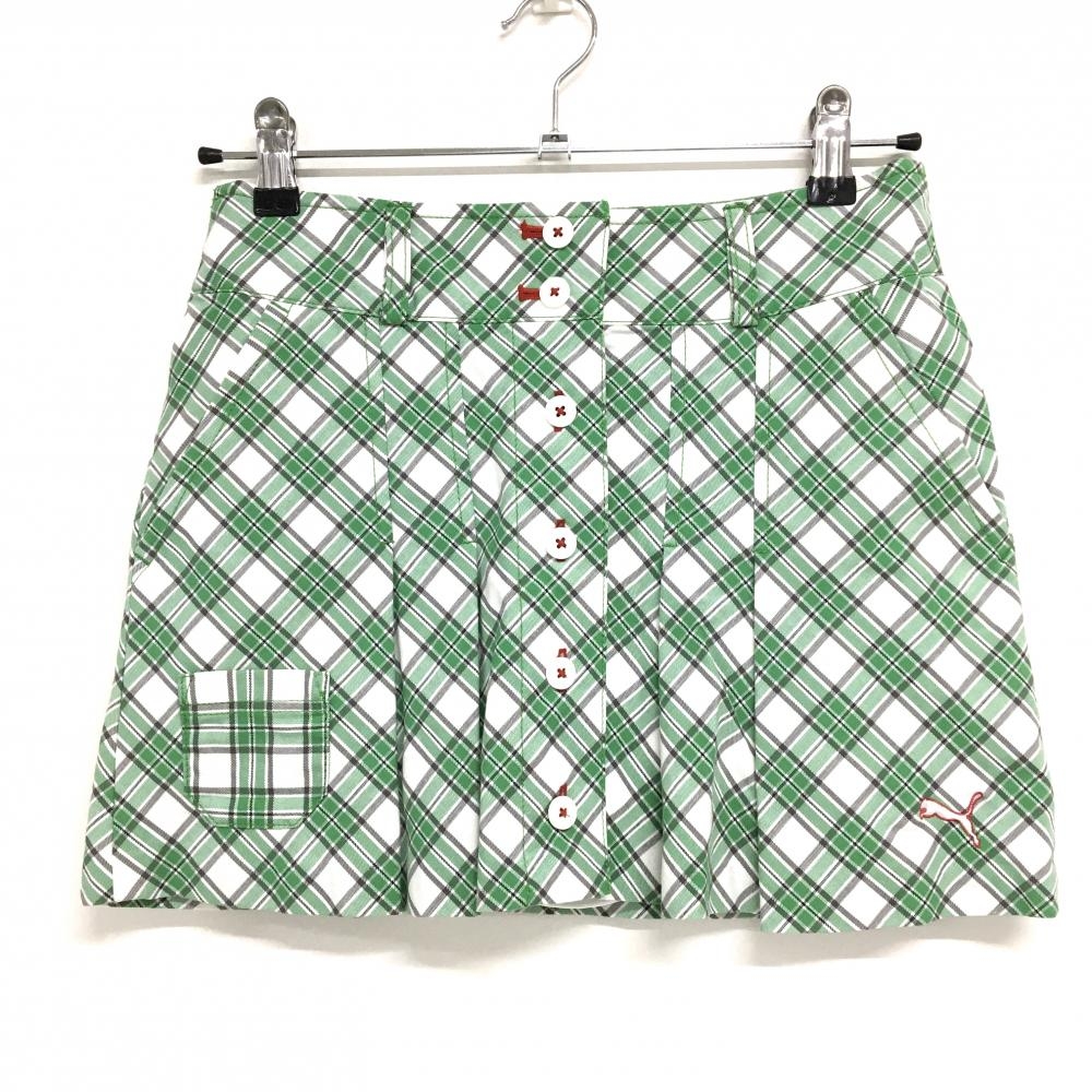 【超美品】プーマ スカート 白×グリーン チェック 一部プリーツ サイドウエストゴム インナーパンツ付 レディース S ゴルフウェア PUMA