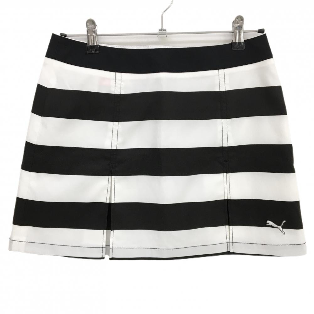 【美品】プーマ スカート 白×黒 ボーダー柄 裾ロゴ  レディース L ゴルフウェア PUMA