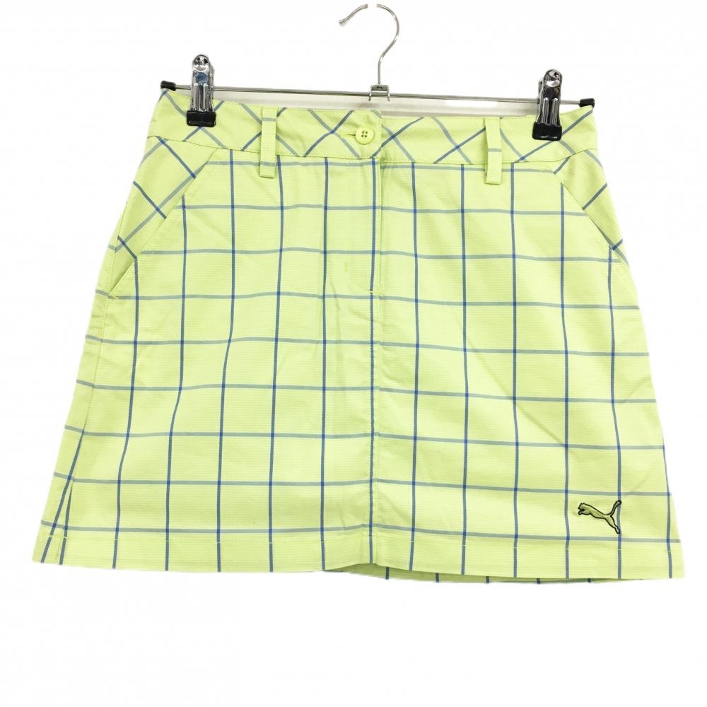 【超美品】プーマ スカート ライトグリーン×ブルー チェック ロゴ刺しゅう インナーパンツ付き レディース M ゴルフウェア PUMA