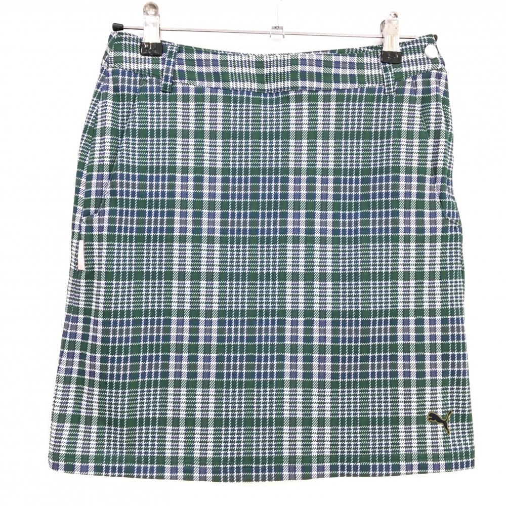 【超美品】プーマ スカート グリーン×白 チェック柄 裾ロゴ レディース M ゴルフウェア PUMA