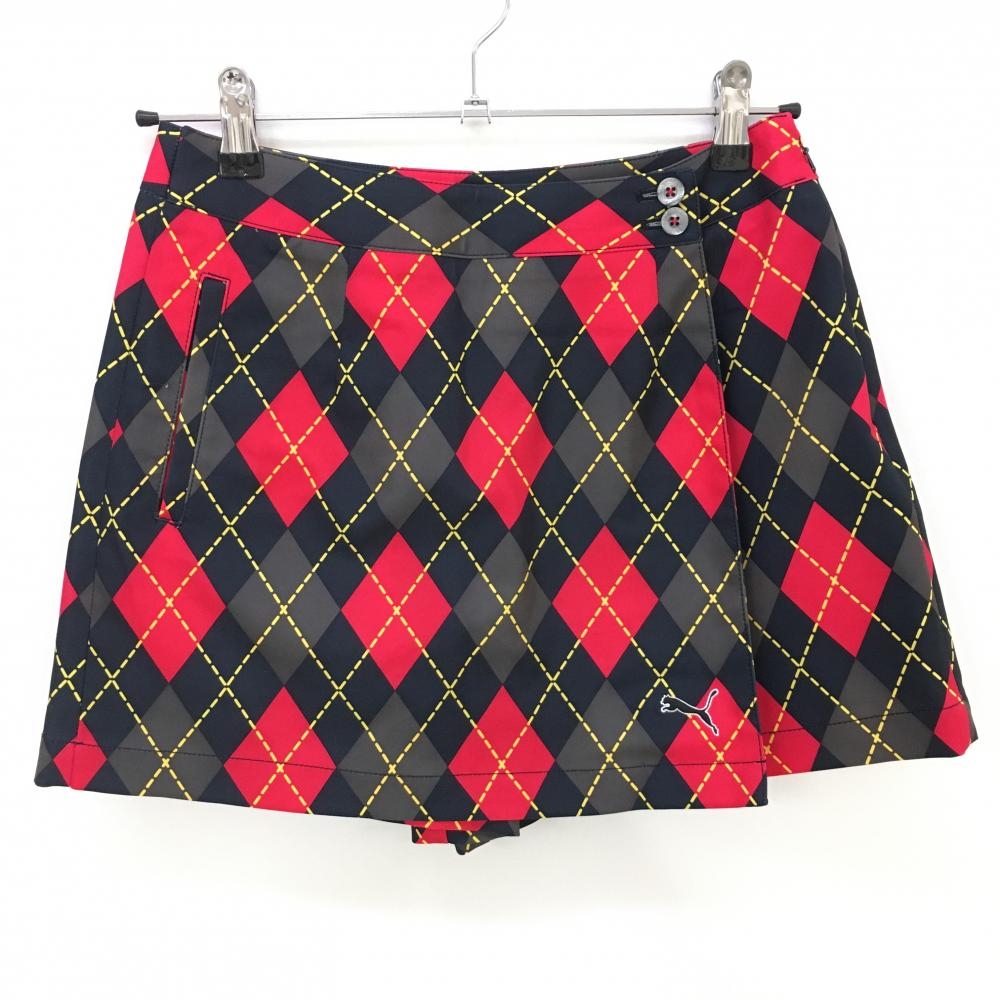 【美品】プーマ キュロットスカート 黒×レッド アーガイル柄 総柄 巻きスカート風 レディース S ゴルフウェア PUMA