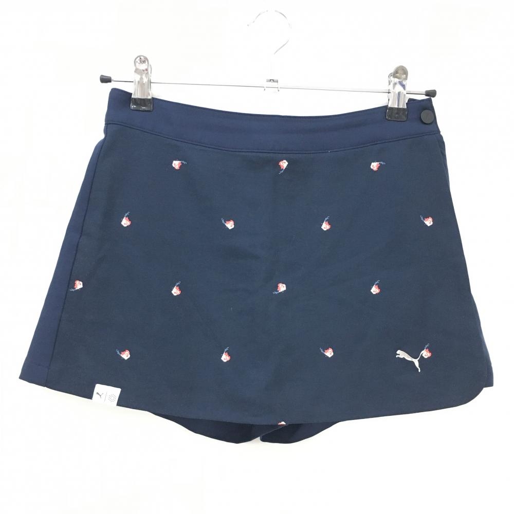 【美品】プーマ キュロットスカート ネイビー×レッドピンク 花柄 立体ロゴ ウエスト後ろゴム レディース S ゴルフウェア PUMA