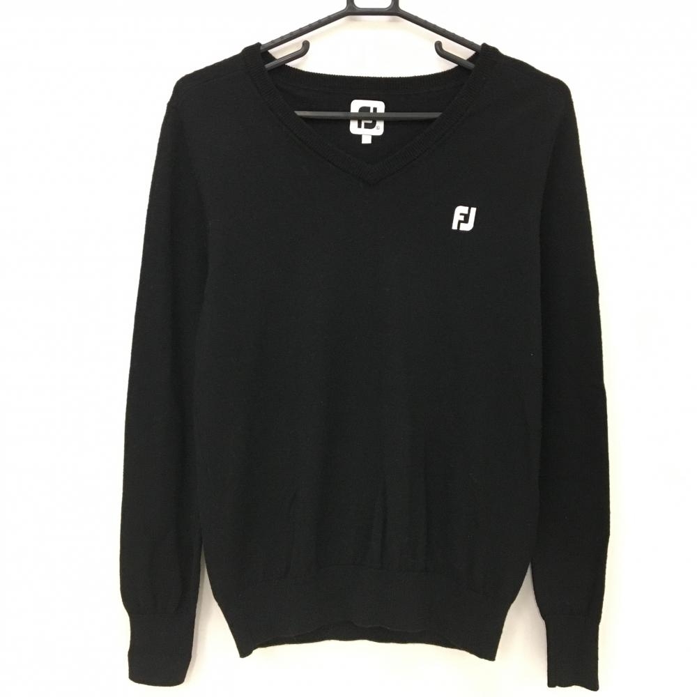 【美品】フットジョイ セーター 黒×白 ニット ウール100％ Vネック レディース XL ゴルフウェア FootJoy