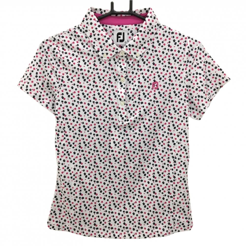 【新品】フットジョイ 半袖ポロシャツ 白×ピンク×ネイビー 小花柄 ストレッチ レディース S ゴルフウェア FootJoy