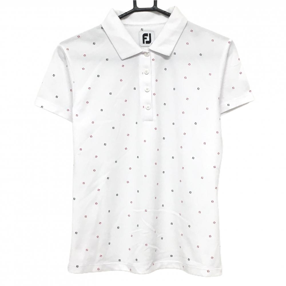 【美品】フットジョイ 半袖ポロシャツ 白×レッド ロゴ総柄 レディース L ゴルフウェア FootJoy