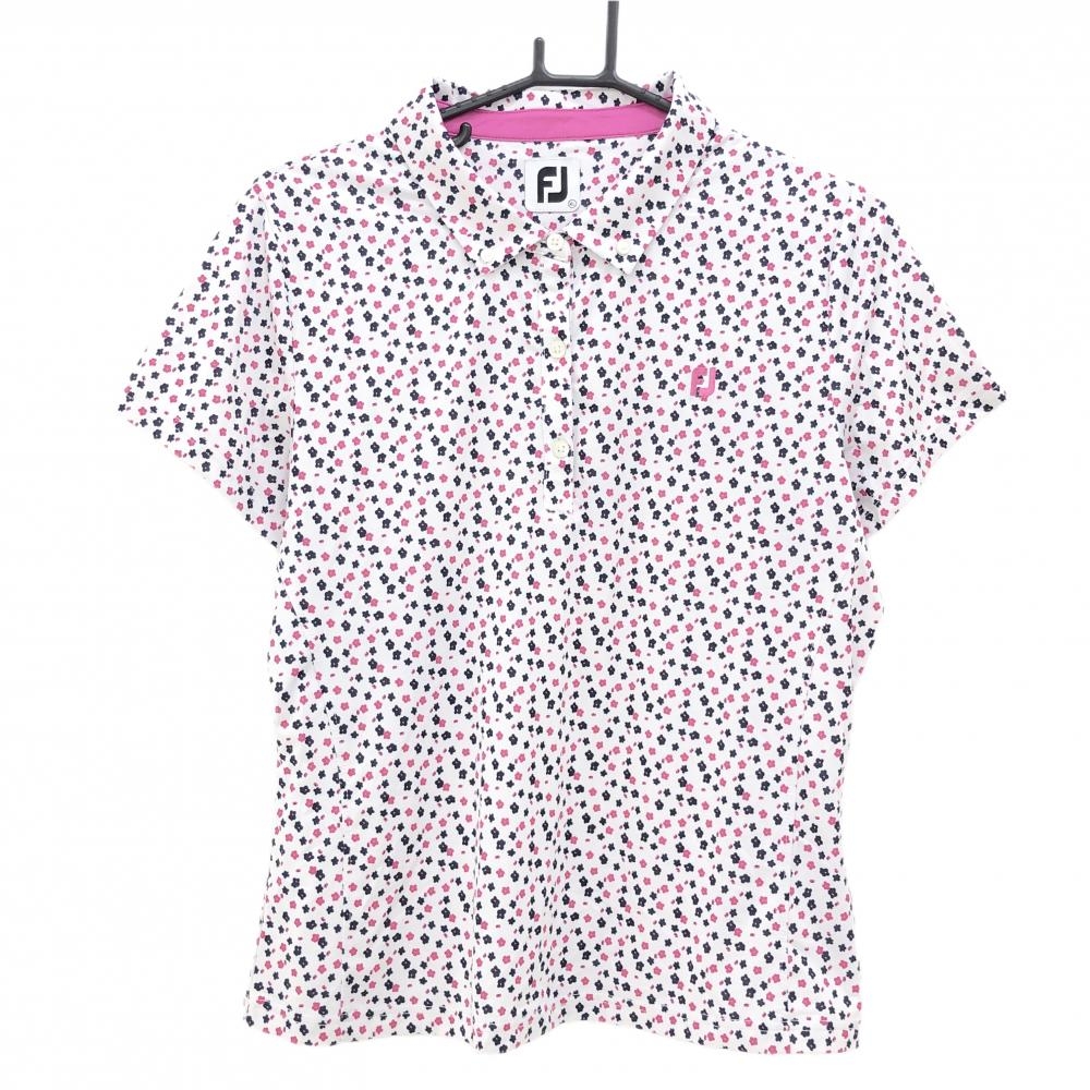 【超美品】フットジョイ 半袖ポロシャツ 白×ピンク 花柄 ボタンダウン レディース XL ゴルフウェア FootJoy