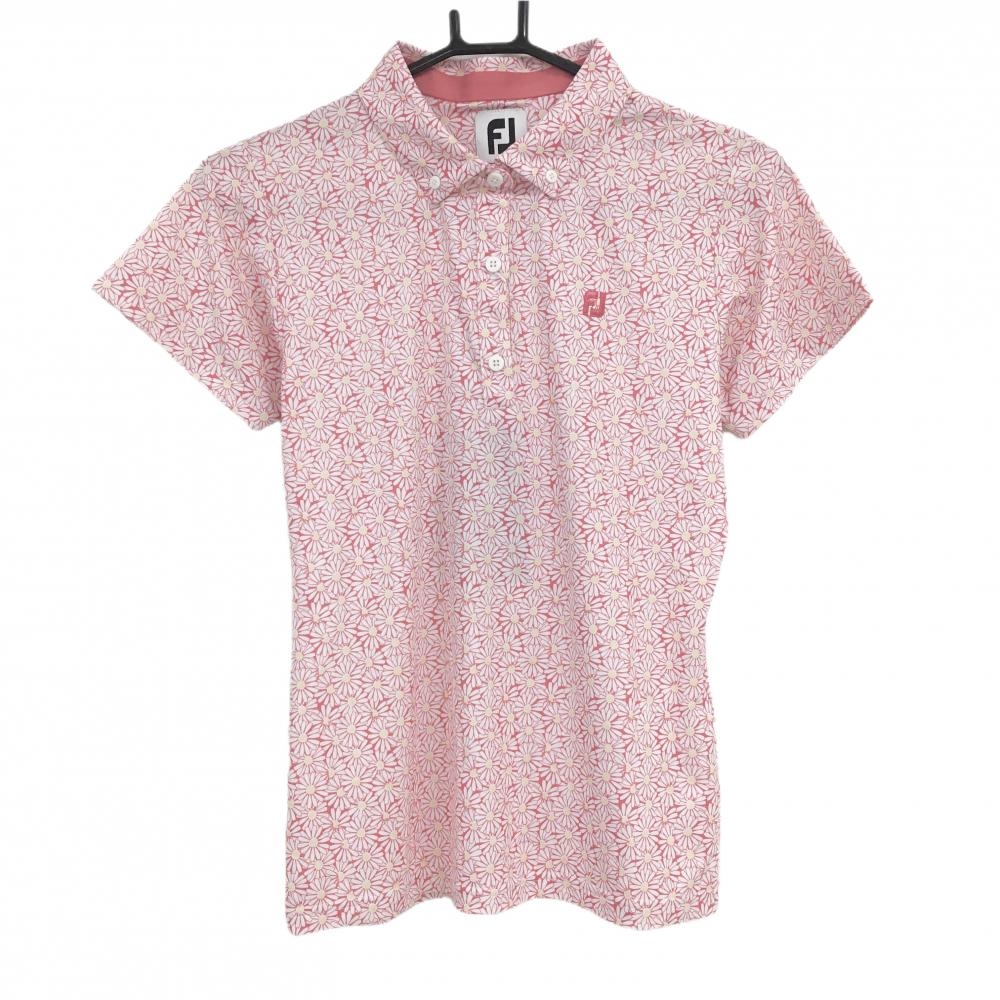 【新品】フットジョイ 半袖ポロシャツ レッド×白 花柄 ボタンダウン レディース M ゴルフウェア FootJoy