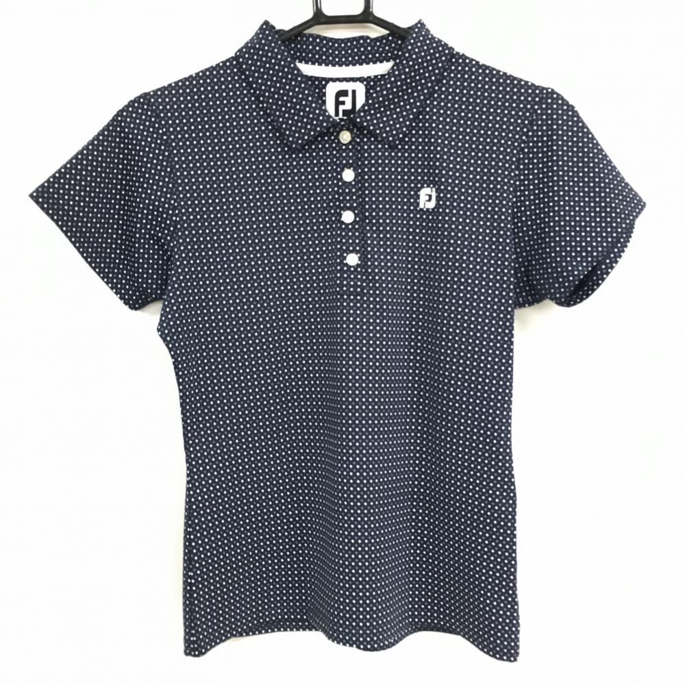 【超美品】フットジョイ 半袖ポロシャツ ネイビー×白 総柄 胸元ロゴ レディース M ゴルフウェア FootJoy
