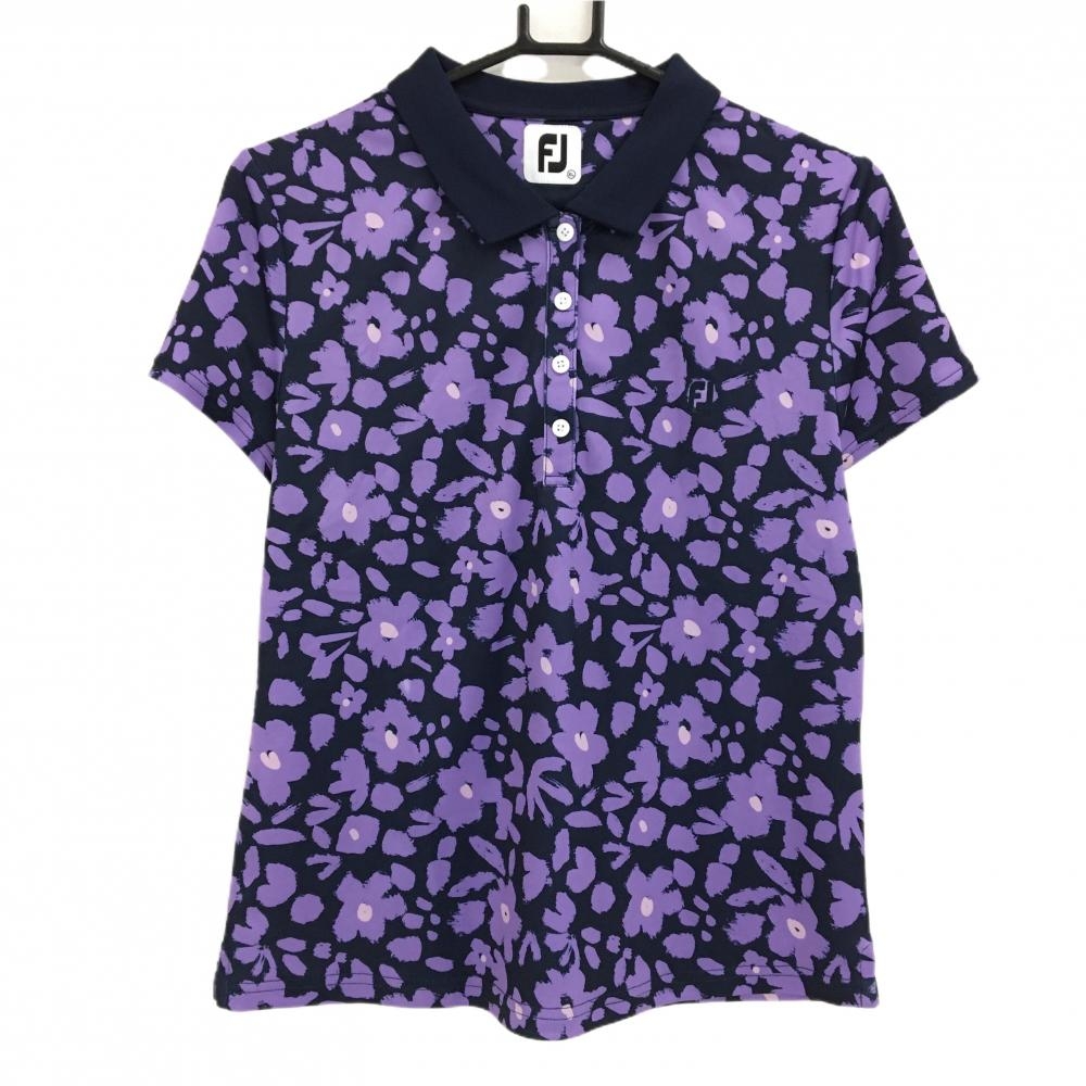 【超美品】フットジョイ 半袖ポロシャツ ネイビー×パープル 花柄 ロゴ刺しゅう レディース XL ゴルフウェア FootJoy
