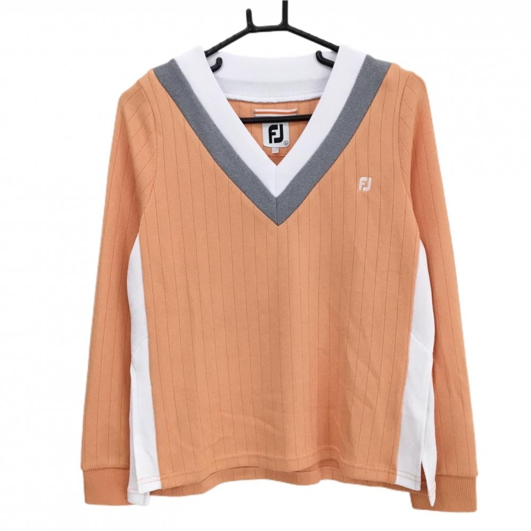 【超美品】フットジョイ 長袖Ｔシャツ オレンジ×白 ストライプ地模様 Vネック ロゴ刺しゅう  レディース L ゴルフウェア FootJoy