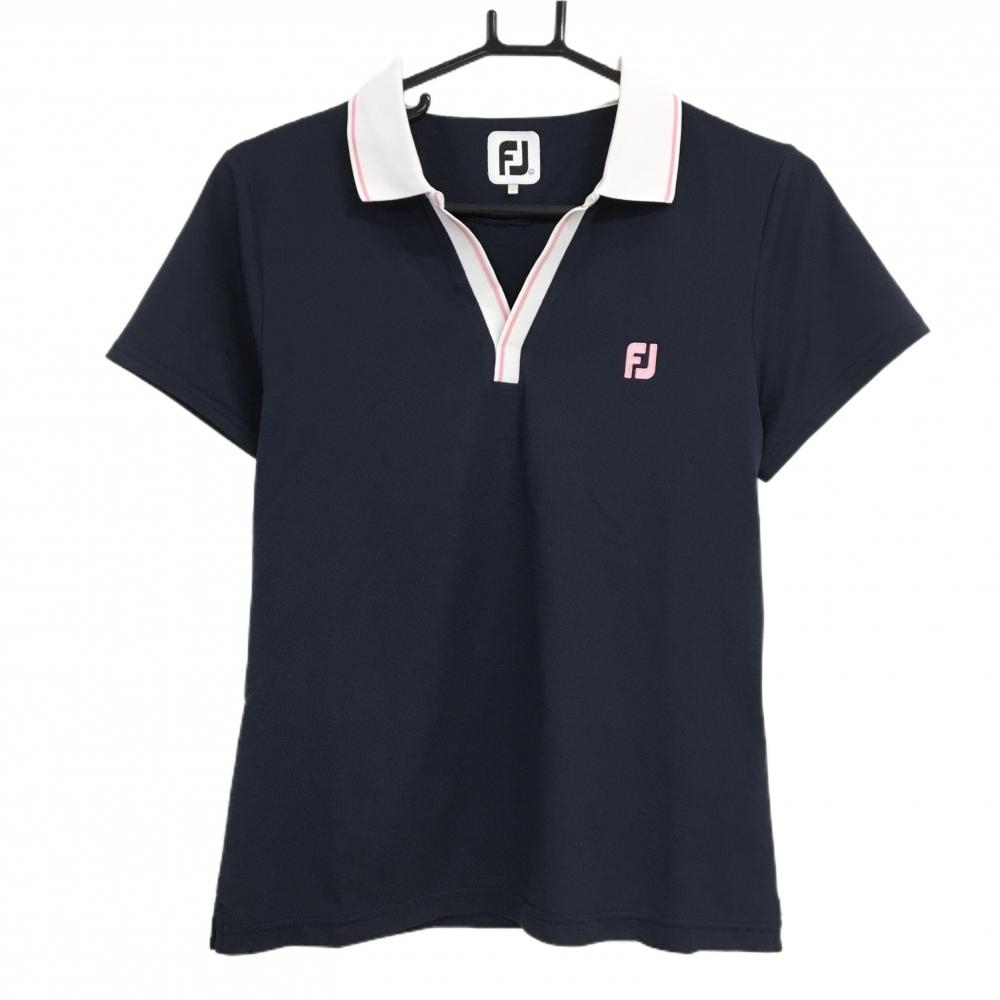 フットジョイ 半袖スキッパーシャツ ネイビー×白 ロゴピンク レディース L ゴルフウェア FootJoy