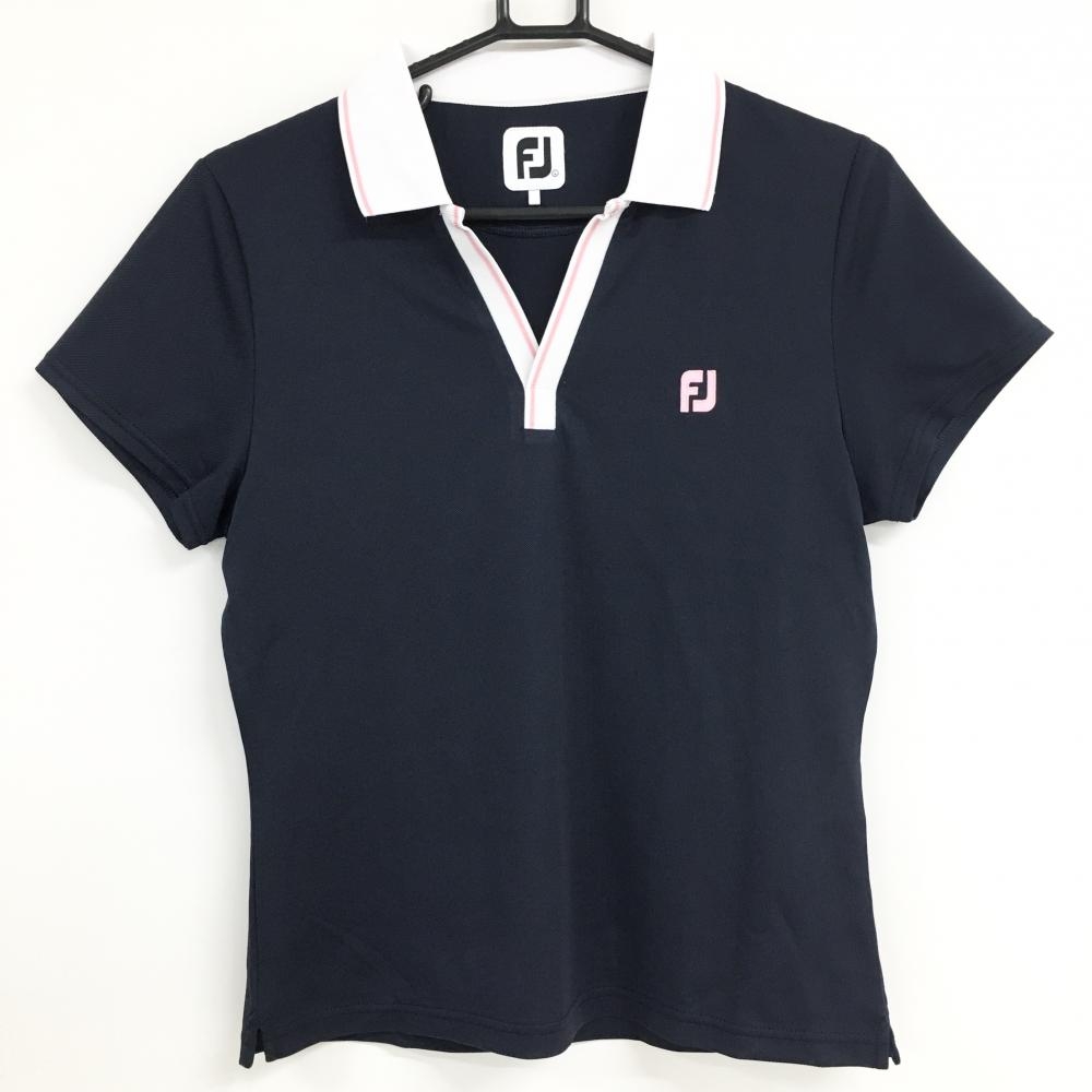 【超美品】フットジョイ 半袖スキッパーシャツ ネイビー×白 襟・前立てピンクライン ロゴピンク レディース L ゴルフウェア FootJoy