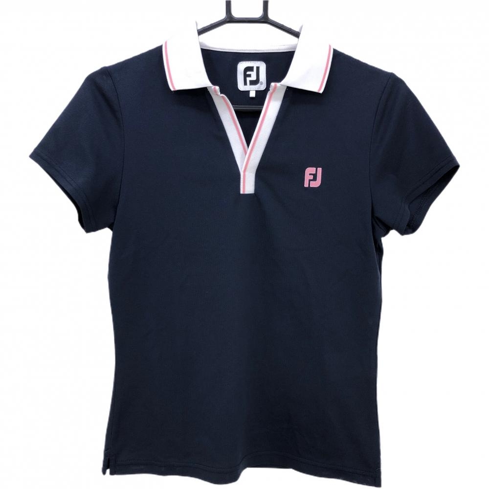 【美品】フットジョイ 半袖スキッパーシャツ ネイビー×白 ロゴ刺しゅう レディース S ゴルフウェア FootJoy