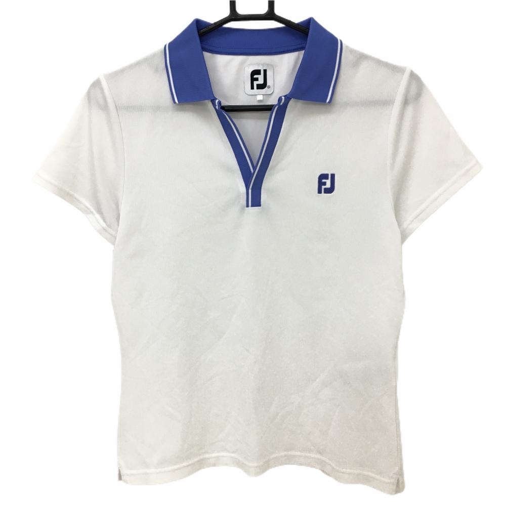 【超美品】フットジョイ 半袖スキッパーシャツ 白×ブルーパープル系 ロゴ刺しゅう レディース M ゴルフウェア FootJoy