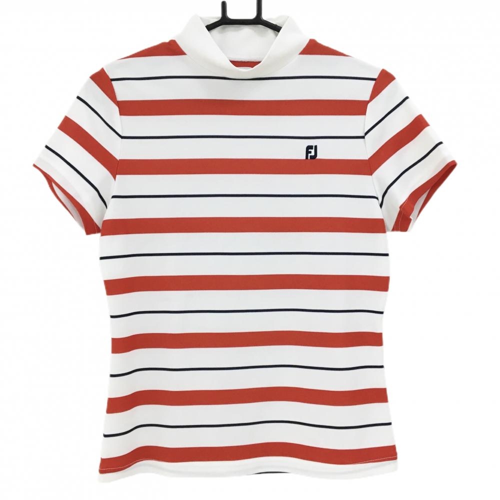 【美品】フットジョイ 半袖ハイネックシャツ 白×レッド ボーダー ロゴ刺しゅう レディース M ゴルフウェア FootJoy