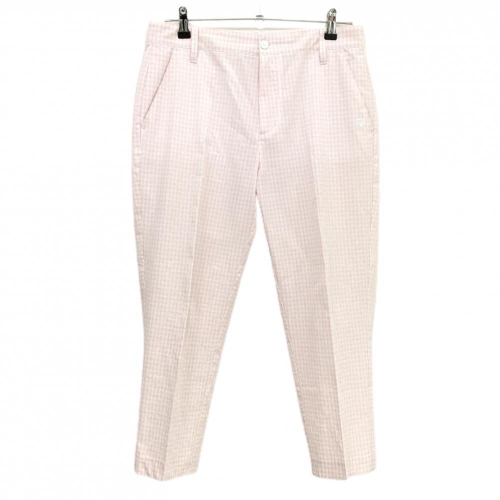 【超美品】フットジョイ 七分丈パンツ 白×ピンク チェック柄 ストレッチ ロゴ刺しゅう レディース XL ゴルフウェア FootJoy