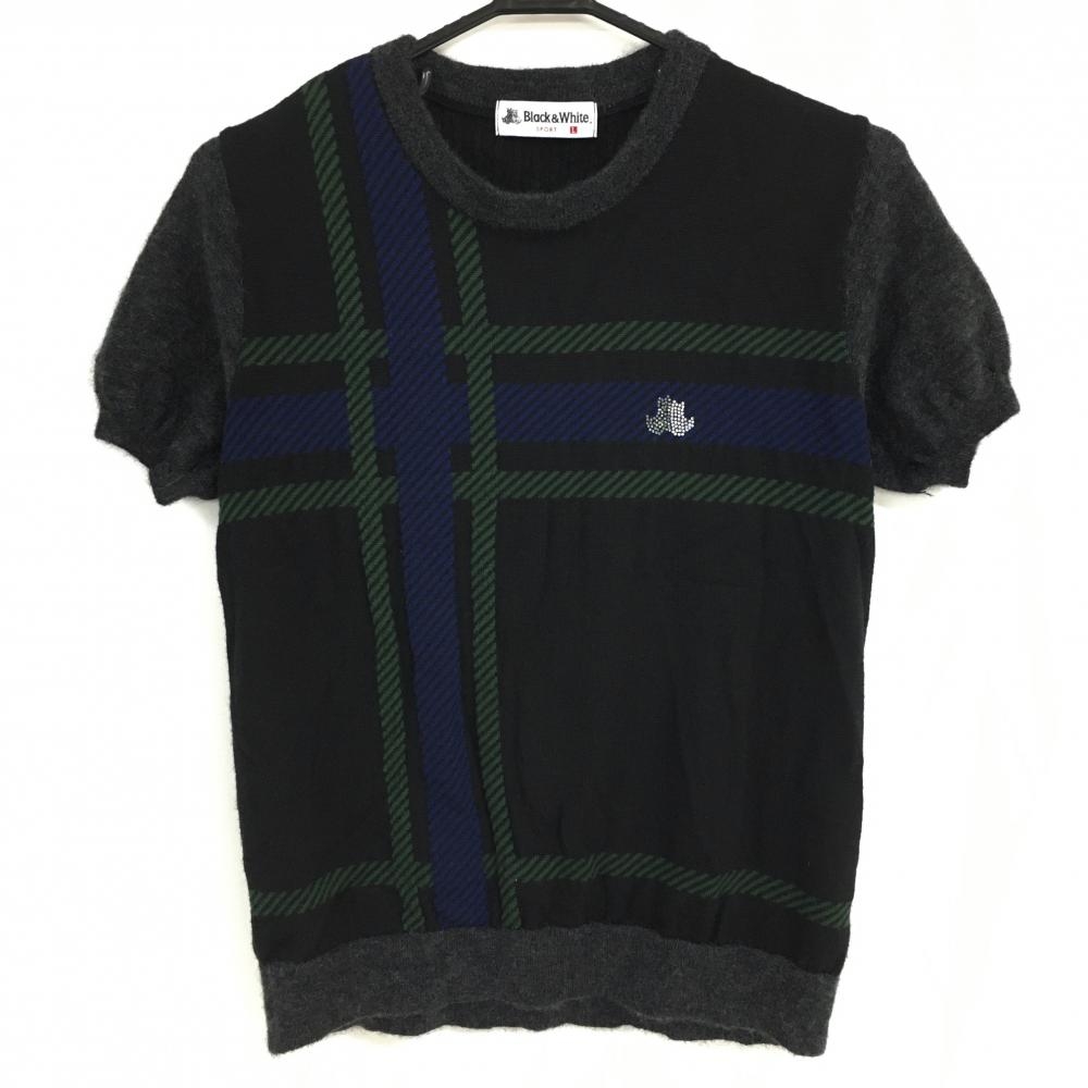 【美品】ブラックアンドホワイト 半袖セーター グレー×ブルー ラインストーン ネック・袖異素材 レディース L ゴルフウェア Black＆White