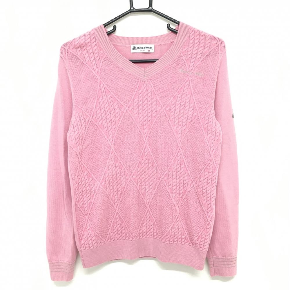 【超美品】ブラックアンドホワイト セーター ピンク Vネック 前面ダイヤ編み レディース M ゴルフウェア Black＆White