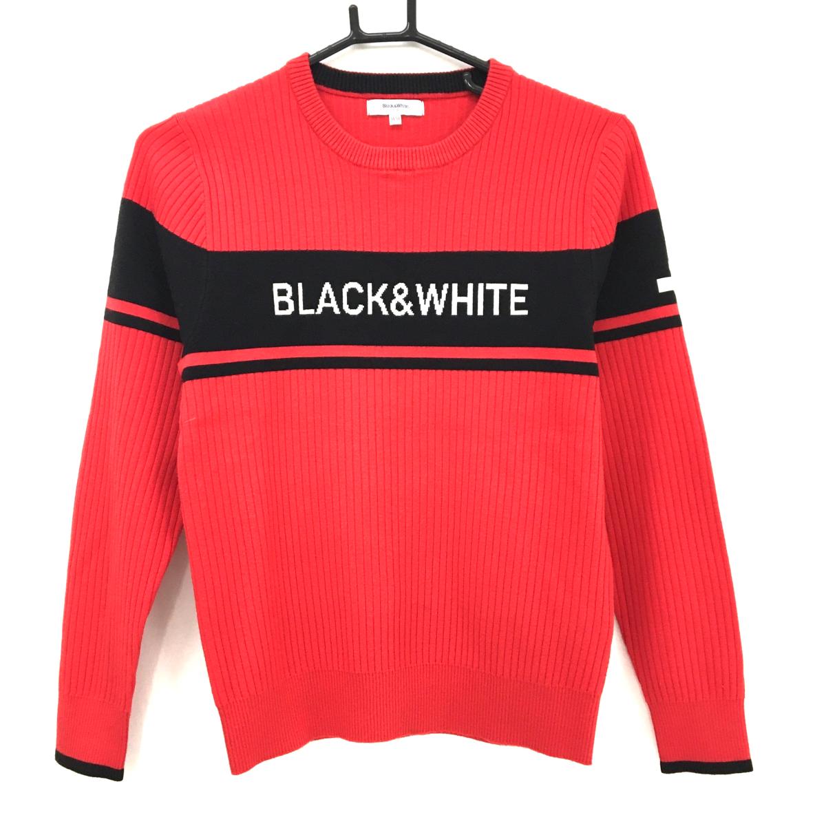 【美品】ブラックアンドホワイト セーター レッド×黒 リブ織 フロントロゴ ニット  レディース WM(M) ゴルフウェア Black＆White