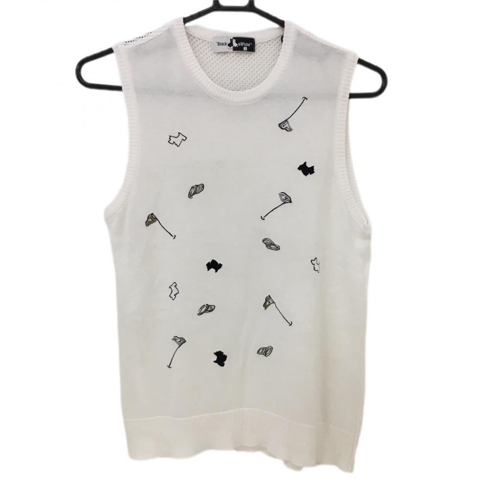 【美品】ブラックアンドホワイト ニットベスト白 前面刺しゅう 背面透かし編み   レディース 1(S) ゴルフウェア Black＆White