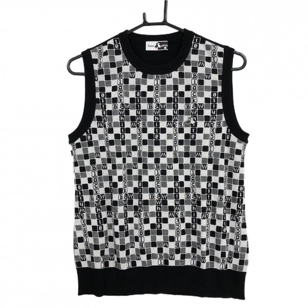 【美品】ブラックアンドホワイト ニットベスト 黒×白 前面総柄 コットン100％  レディース 2(M) ゴルフウェア Black＆White