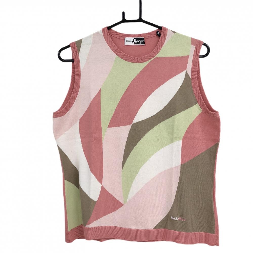 ブラックアンドホワイト ニットベスト ピンク×ライトグリーン 前面総柄 コットン100％  レディース 2(M) ゴルフウェア Black＆White
