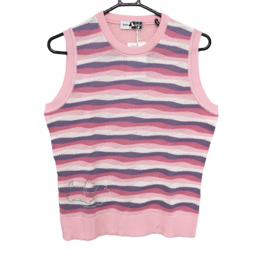 【新品】ブラックアンドホワイト ニットベスト ピンク×パープル 前面総柄 透かし編み レディース 2(M) ゴルフウェア Black＆White