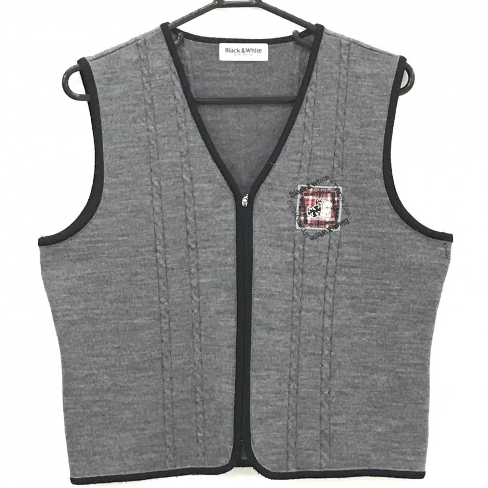 【超美品】ブラックアンドホワイト ニットベスト グレー×黒 ケーブル編み フルジップ  レディース L ゴルフウェア Black＆White