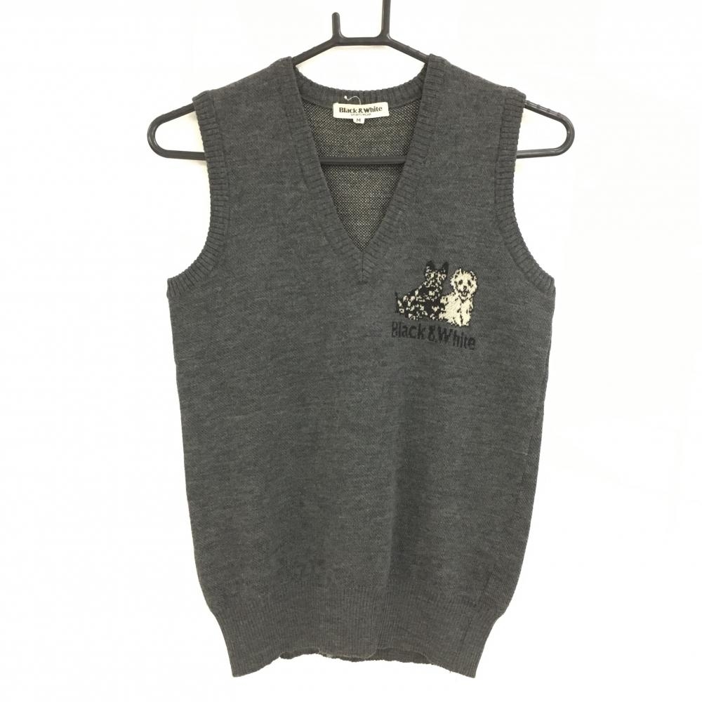【美品】ブラックアンドホワイト ニットベスト ダークグレー Vネック 胸元ロゴ ウール100％  レディース M ゴルフウェア Black＆White