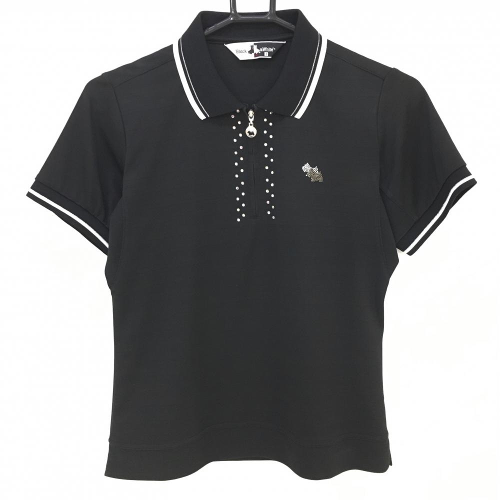 【美品】ブラックアンドホワイト 半袖ポロシャツ 黒×白 ラインストーン ハーフジップ  レディース 1(S) ゴルフウェア Black＆White 画像