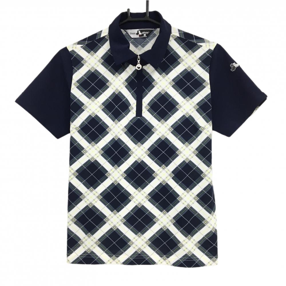 【超美品】ブラックアンドホワイト 半袖ポロシャツ ネイビー×白 身頃チェック ハーフジップ  レディース 2(M) ゴルフウェア Black＆White